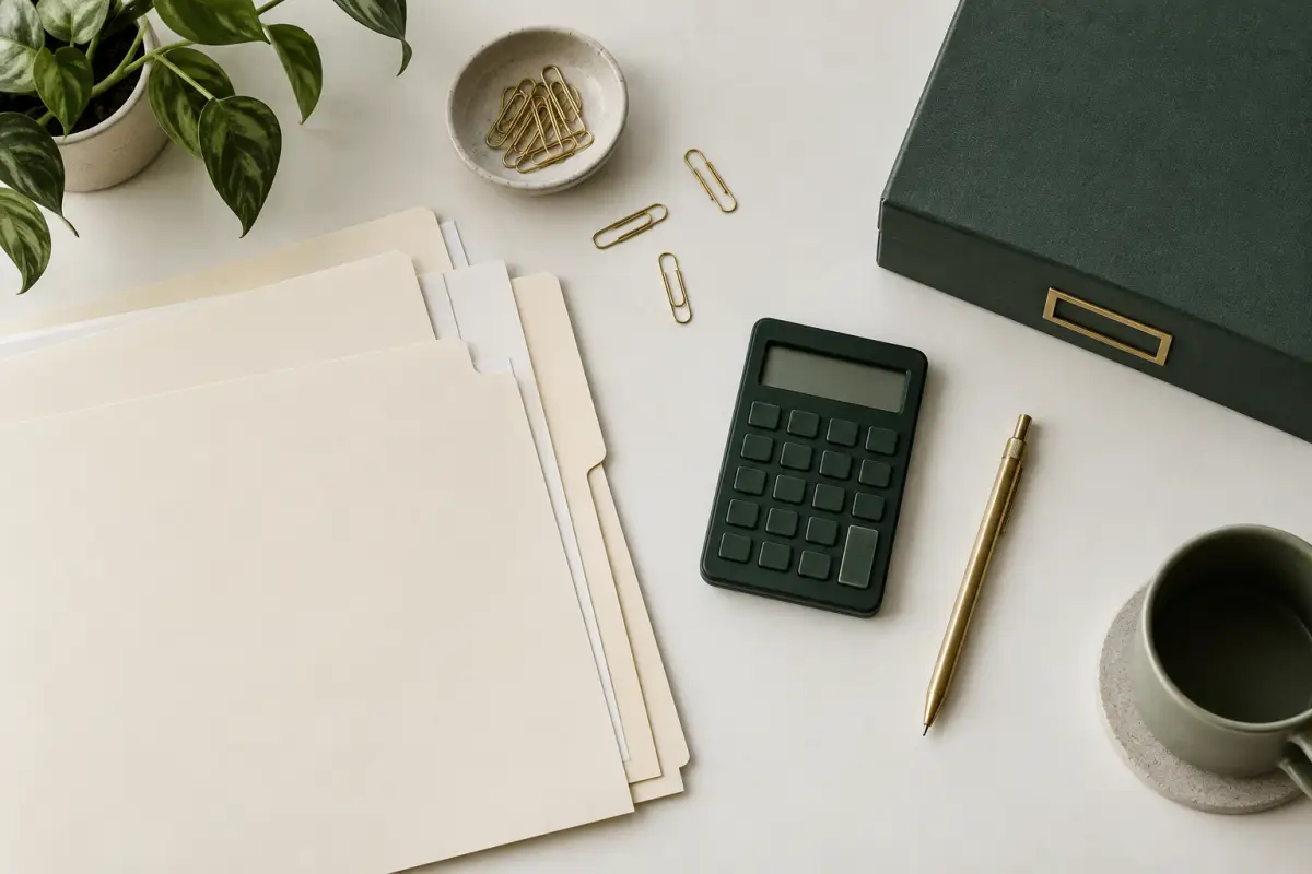 Blank folders, a calculator and a brass pen arranged on a light desk